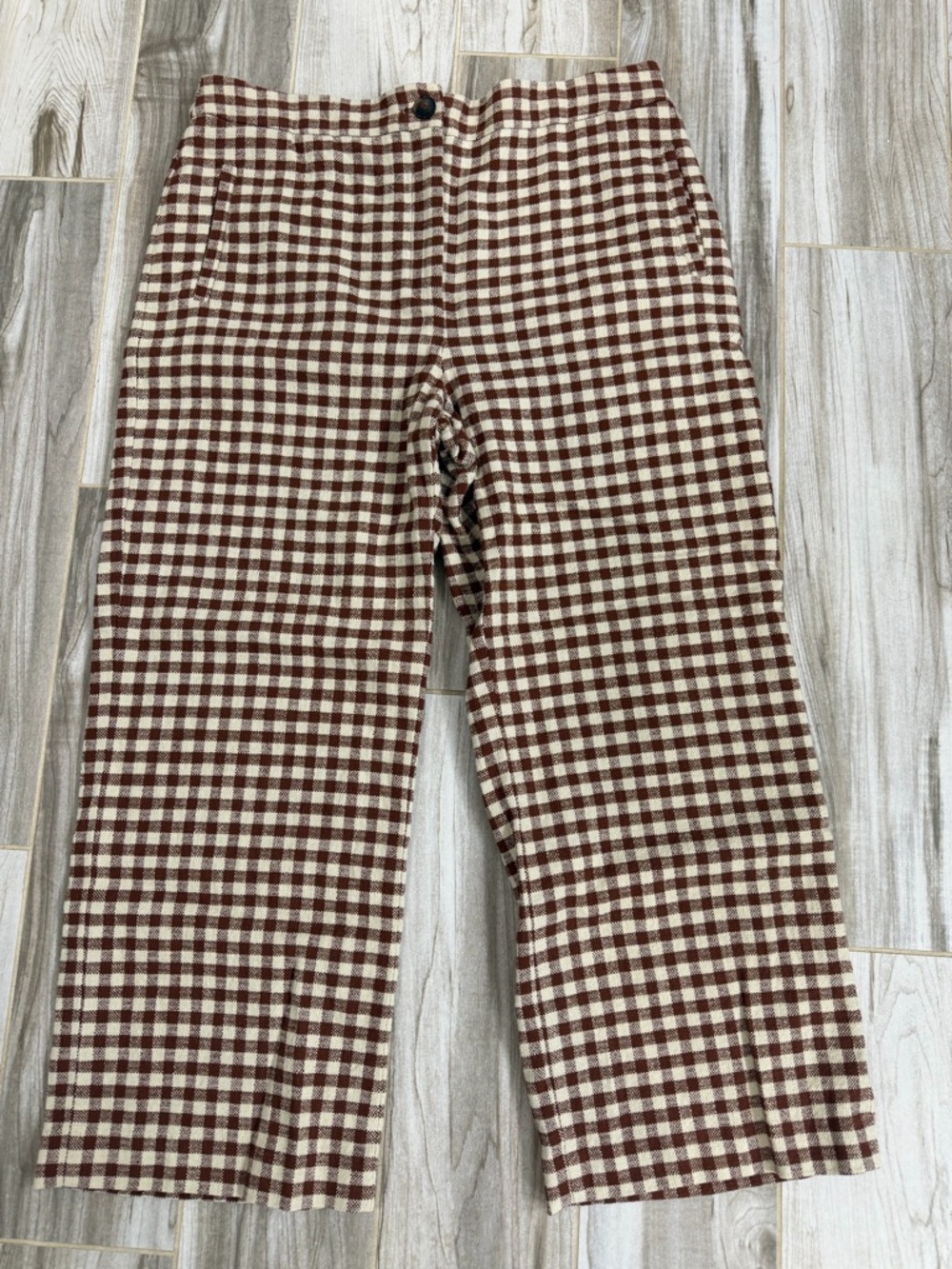 Sezane Martin Cropped Trousers (ecru/brown gingham)